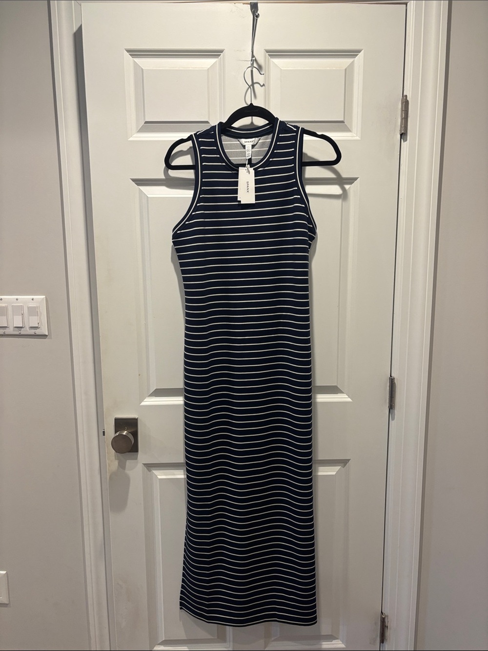 SPANX Navy and White Striped Sleeveless Maxi Dress